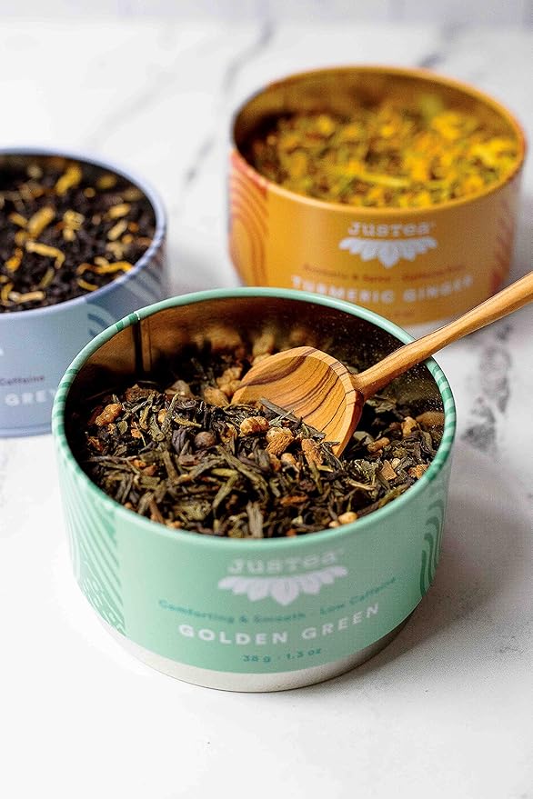 JusTea Assorted Tea Trio | Stacking Tins Variety Pack with Hand Carved Spoon | Loose Leaf Tea | Variable Caffeine | Award-Winning | Fair Trade | Non-GMO - Bloomnest