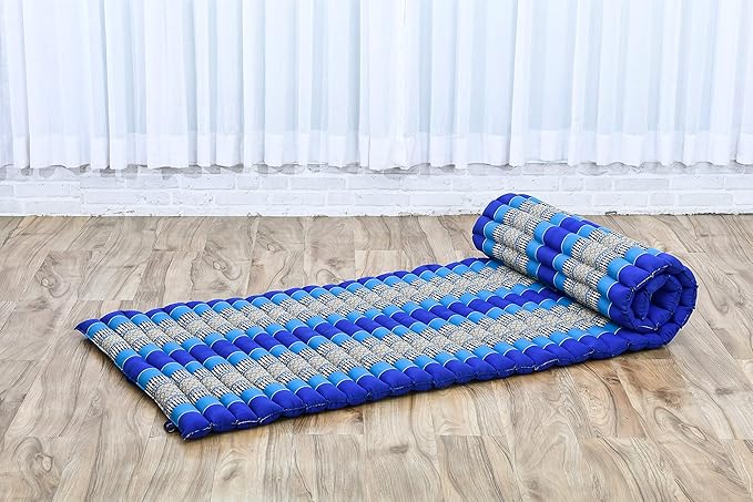 Leewadee - Foldable Floor Mattress - Japanese Roll Up Futon -Trifold Tatami Mat- Guest Floor Bed - Camping Mattress - Thai Massage Mat, Kapok Filled, 75 x 28 inches, Blue - Bloomnest