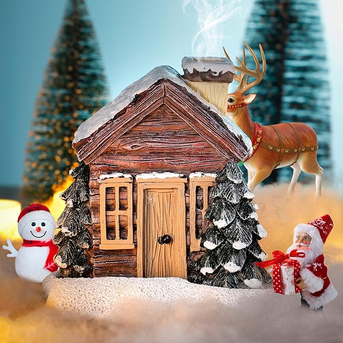 Christmas Log Cabin Incense Burner - Christmas Village Houses with 2 Incense Cones, Resin Incense Cone Holder for Home Room Table Fireplace Decorations, Brown - Bloomnest
