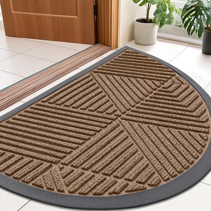 Smiry Half Circle Front Door Mat Outside Entrance, Heavy Duty Sturdy Natural Rubber Doormat, Trap Dirt and Moisture, Low Profile Mats for Indoor Outdoor Entry, Irregular Triangle (36x24, Coffee) - Bloomnest