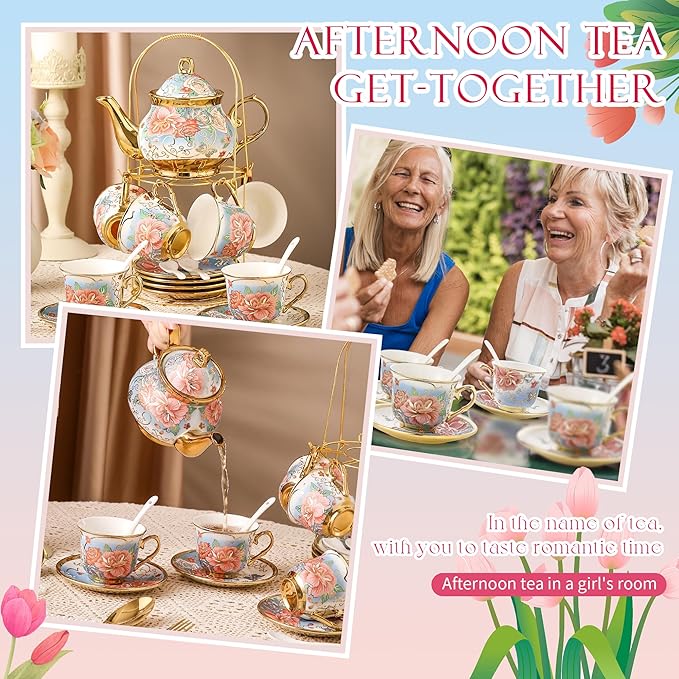 20 Pieces Porcelain Tea Set With Metal Holder, European Ceramic tea set for adults,Flower Tea Set,Tea Set For Women With Flower Painting (VIVID BLUE, Largr Vision) - Bloomnest