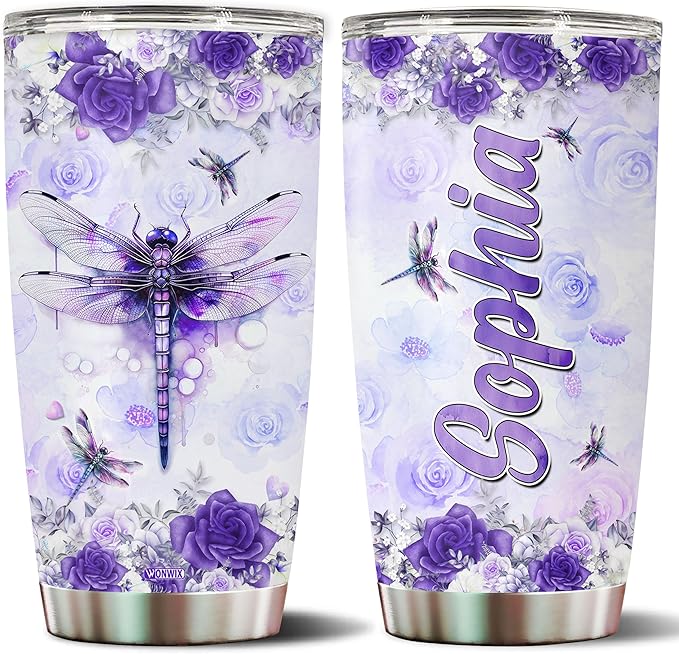 Personalized Dragonfly Coffee Mug Cups Gifts For Women Unique Mom, Purple Dragonflies Water Bottle Mothers Day Birthday Christmas Valentine 20oz Stainless Steel Thermos Tumbler Cup With Lid - Bloomnest