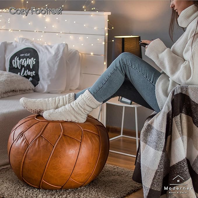 Moderner Faux Leather Pouf Unstuffed Ottoman Moroccan Footstool, Floor Footrest Cushion, Storage Solution - Natural Brown Color - Bloomnest