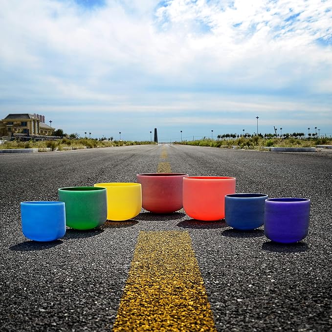 TOPFUND 7-12 inch Chakra Set of 7 Color Crystal Singing Bowls with Heavy Duty Carrying Cases and Mallets