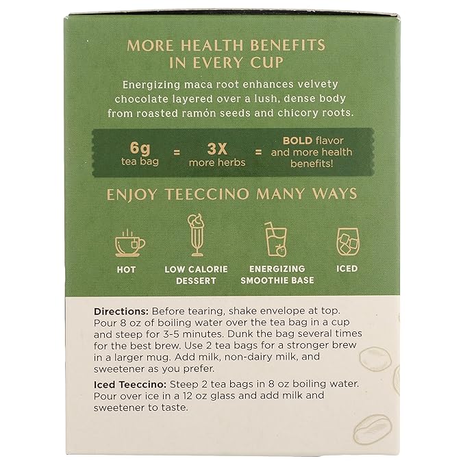 Teeccino Maca Chocolaté Herbal Tea - Rich & Roasted Herbal Tea That’s Caffeine Free & Prebiotic with Natural Energy from Adaptogenic Peruvian Maca, 10 Tea Bags (Pack of 6) - Bloomnest
