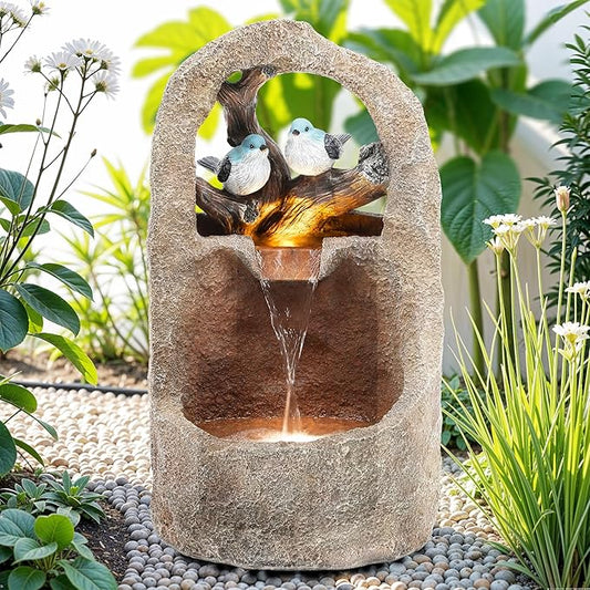 27" Outdoor Water Fountain with LED Lights,2-Tier Bird Natural Zen Garden Fountain, Relaxing Waterfall Floor, Yard, Porch or Deck Decor, Whether-Resistant, Faux Granite Texture - Bloomnest