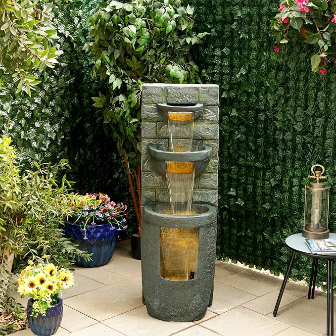 Alpine Corporation TZL384 Outdoor 3 Tier Water Fountain with LED Lights for Garden, Patio, Lawn and Yard Spaces, 51" H, Gray - Bloomnest