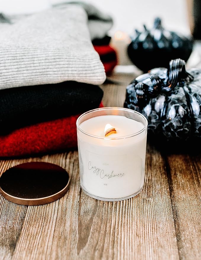 Home Cozy Cashmere Sandalwood & Vanilla Luxury Scented Soy Candle - Fall & Year Round Fragrance/9oz Clear Jar /65 Hour Burn Time/Made in The USA - Bloomnest