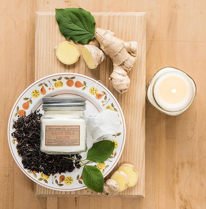 ECO CANDLE CO. Mason Jar Candle, White Tea & Ginger, 8 oz. - Scents of White Tea, Spices, Citrus, Jasmine, & Ginger - 100% Soy Wax, No Lead, Kraft Label & Antiqued Pewter Lid, Hand Made - Bloomnest