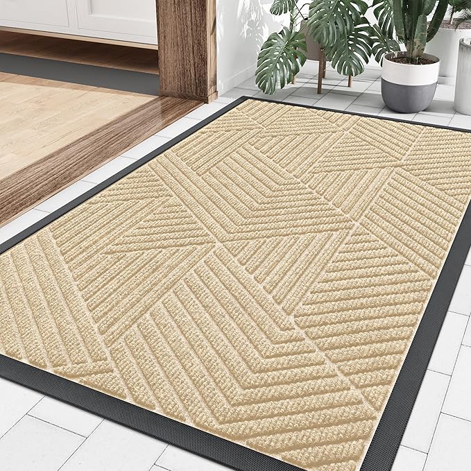Smiry Front Door Mat Outside Entrance, Heavy Duty Sturdy Natural Rubber Doormat, Trap Dirt and Moisture, Easy Clean Low Profile Mats for Indoor Outdoor Entry, Irregular Triangle (29.5x17, Beige) - Bloomnest