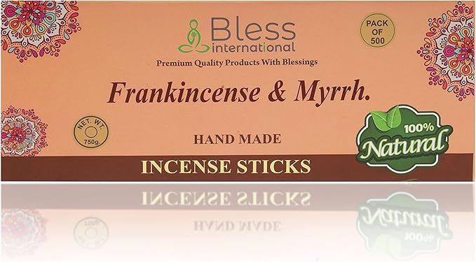 Bless-Frankincense-and-Myrrh 100%-Natural-Handmade-Hand-Dipped-Incense-Sticks Organic-Chemicals-Charcoal-Free Purification-Relaxation-Positivity-Yoga-Meditation Best-Woods-Scent (500 Sticks (26 OZ)) BlessInternational