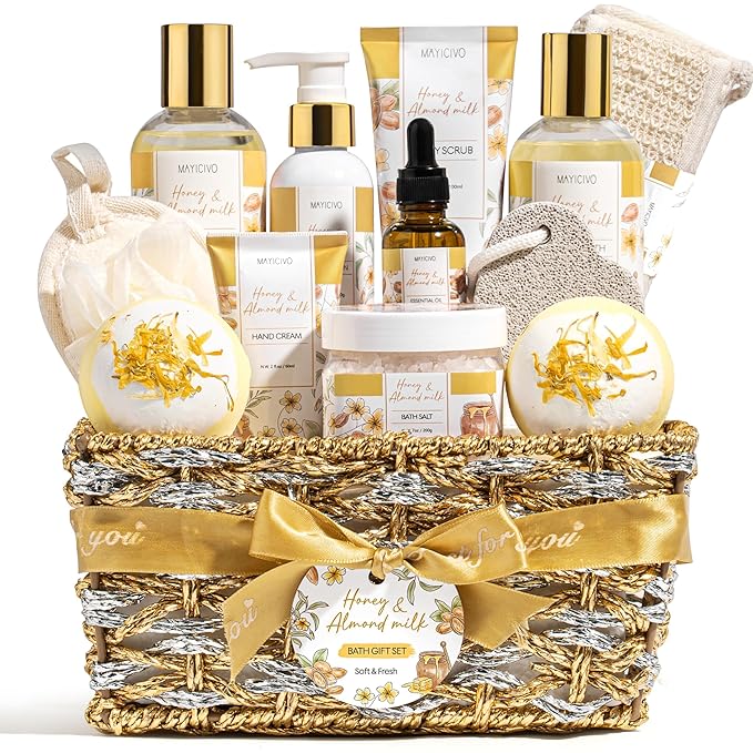 Birthday Gifts for Women, Honey & Almond Milk Relaxing Spa Gift Baskets for Women Self Care Package Bath Gift Set, Home Bath and Body Kit Pamper Valentines Day Gifts for Her Womens Mom Friends Sister - Bloomnest
