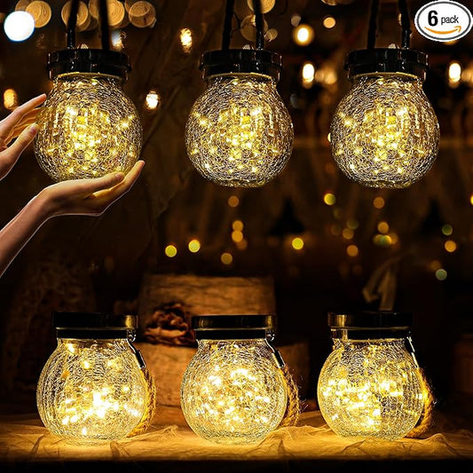 Cooo 6 Pack Heavy Crackle Glass Solar Lantern with 30 LED Firefly Lights– Waterproof Outdoor Hanging Lamp 215% Larger Solar Panel, Stainless Steel Lid Decorative Lighting for Garden Patio Table - Bloomnest