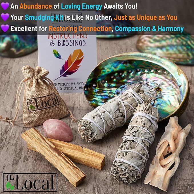 JL Local Perfect Unity Smudging Kit - 2 White Sage Smudge Sticks + 2 Palo Santo Sticks + Abalone Shell Bowl + Rose Quartz Crystal | Healing Incense for Cleansing, Blessing, Protection, Meditation JLLocal