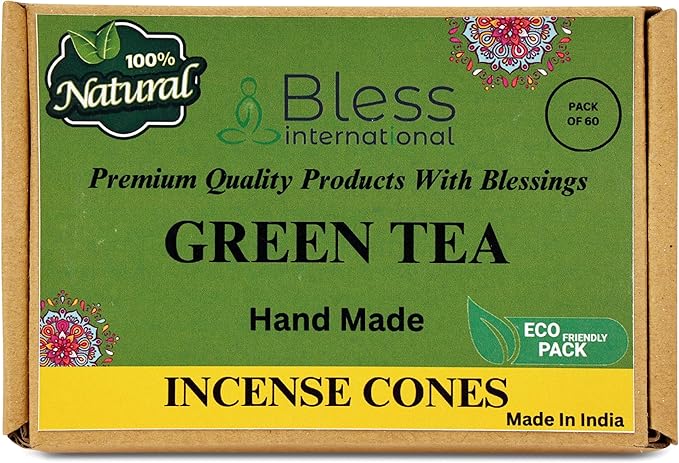 Bless International Green-Tea 100%-Natural-Incense-Cones Handmade-Hand-Dipped Organic-Chemicals-Free for-Purification-Relaxation-Positivity-Yoga-Meditation The-Best-scents (60 Count)