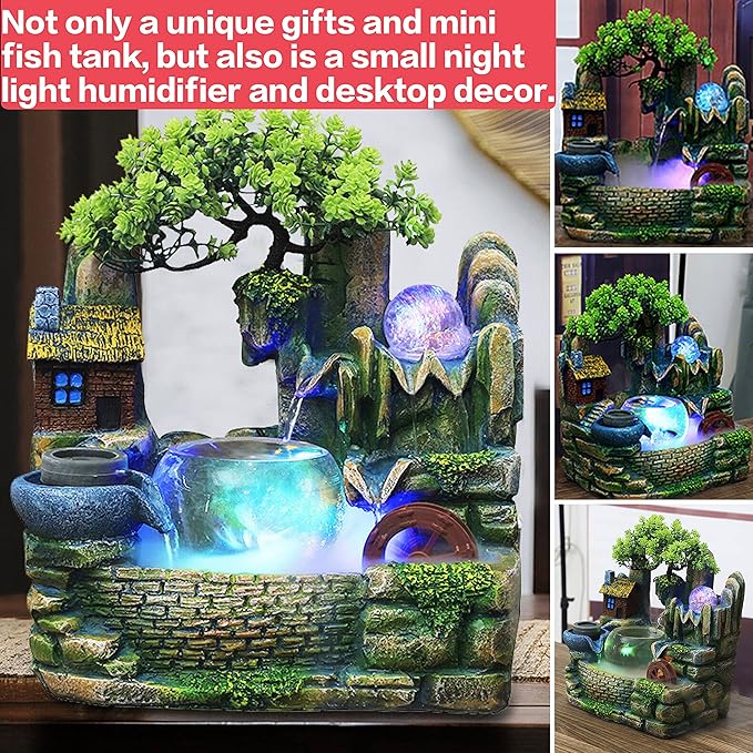 Tabletop Waterfall Fountain Humidifier with LED Light and Atomizer, Water Fountains Indoor Home Decor or est Festival Birthday Surprise for Boys, 14 Inch Desktop Small Mini Bonsai - Bloomnest