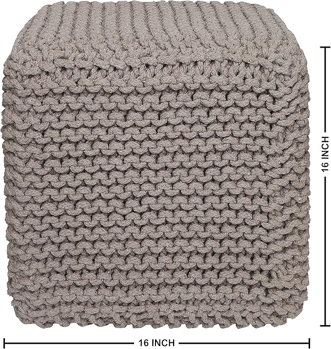 REDEARTH Cube Hand Knitted Pouf - Foot Stool Ottoman - Cord Boho Pouffe - Poof Accent Stuffed Table or Footrest for Living Room - Nursery - Bedroom - Patio - 100% Cotton (16" x 16" x 16") - Taupe - Bloomnest