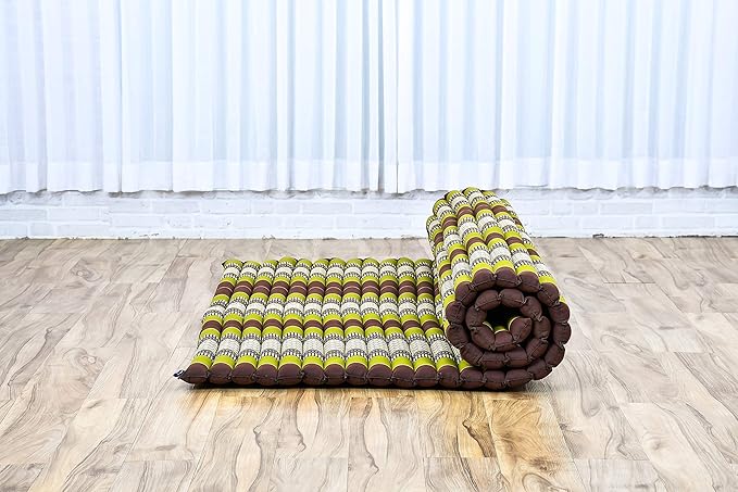 Leewadee - Foldable Floor Mattress - Japanese Roll Up Futon -Trifold Tatami Mat- Guest Floor Bed - Camping Mattress - Thai Massage Mat, Kapok Filled, 75 x 57 inches, Brown Green - Bloomnest