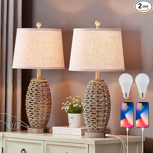 27” Natural Rattan Table Lamps Set of 2,Touch Switch,3-Way Dimmable Bedside Lamps, with A+C USB Charging Ports,Oatmeal Lampshade,Farmhouse Table Lamp for Bedroom, Living Room(2 Bulbs Included) - Bloomnest