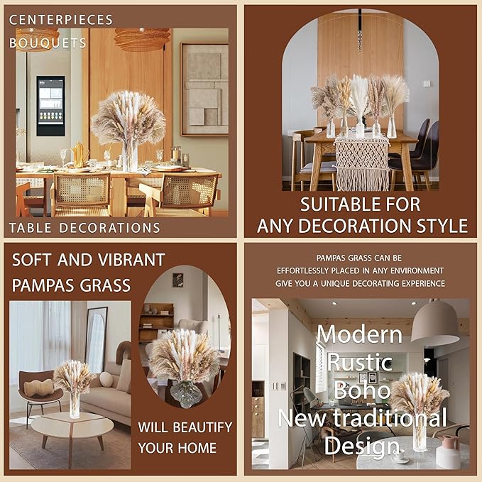 180PCS Natural Dried Pampas Grass Boho Home Decor Bouquet Phragmites Dried Flowers Bouquet for Wedding Floral Arrangements Home Decorations (180PCS) - Bloomnest