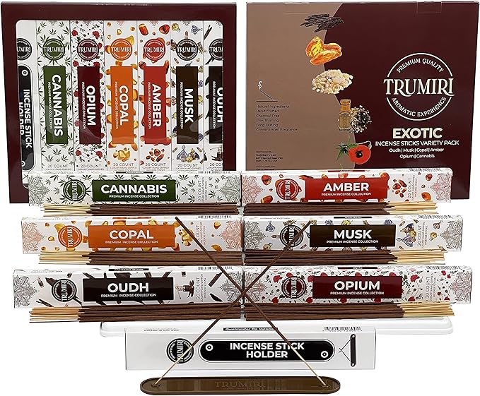 Exotic Incense Sticks Variety Pack - 120 Insence-Sticks (6 Incents x 20 Insense) - Copal Amber Oud (Agarwood) Musk - Natural Inscents-Sticks Non Toxic Incienso + Incense Holder for Men Women - Bloomnest