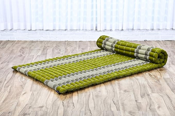 Leewadee - Kapok Roll Mat – Handcrafted Folding Sleep & Relaxation Mattress from Thailand, Ideal as Guest Bed, Camping Mat, Yoga Mat or Traditional Futon, 75 x 39 inches, Green - Bloomnest