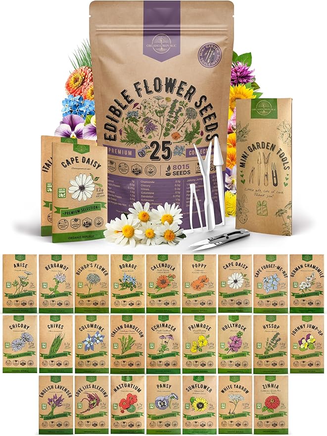 Organo Republic 25 Edible Flower Seeds Variety Pack for Indoor Outdoor Gardening - 8,000+ Non-GMO Heirloom Flower Seeds: Anise, Hyssop, Nasturtium, Pansy, Echinacea, Lavender, Chives & More - Bloomnest