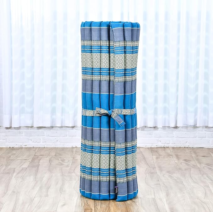 Leewadee - Foldable Floor Mattress - Japanese Roll Up Futon -Trifold Tatami Mat- Guest Floor Bed - Camping Mattress - Thai Massage Mat, Kapok Filled, 75 x 39 inches, Light Blue - Bloomnest