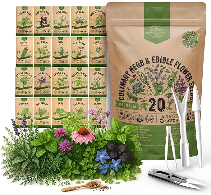 20 Culinary Herbs & Edible Flower Seed Variety Pack for Planting Indoor & Outdoors. 9500+ Non-GMO Heirloom Flower Seeds: Basil, Borage, Echinacea, Lavender, Oregano, Rosemary Seeds & More - Bloomnest