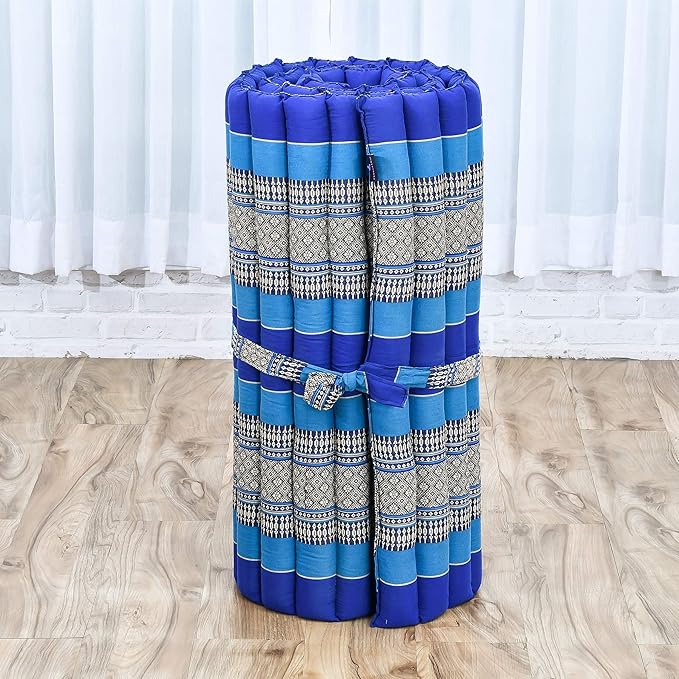 Leewadee - Foldable Floor Mattress - Japanese Roll Up Futon -Trifold Tatami Mat- Guest Floor Bed - Camping Mattress - Thai Massage Mat, Kapok Filled, 75 x 28 inches, Blue - Bloomnest