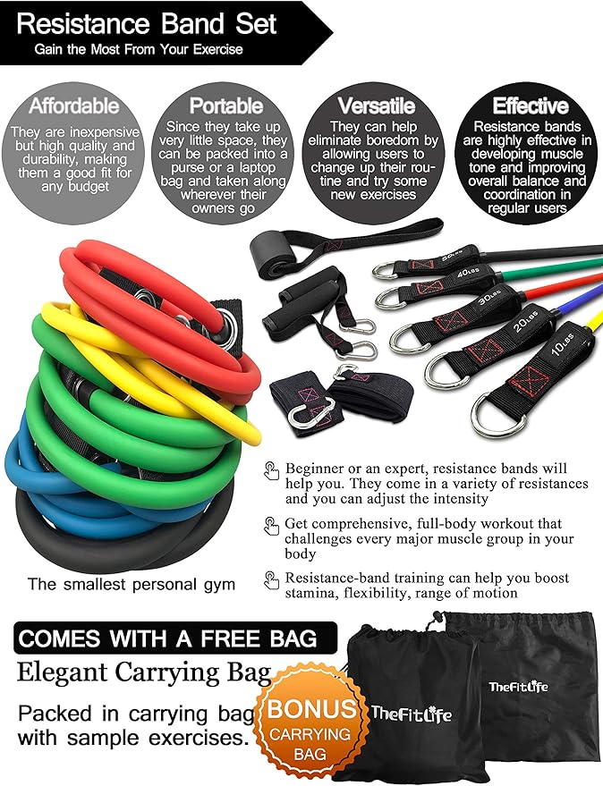 TheFitLife Resistance Bands with Handles - Designed for American Body Types, Exercise Workout Tubes for Men, Women, Includes Large Handles, Ankle Straps, Door Anchor, Fitness Levels - Bloomnest
