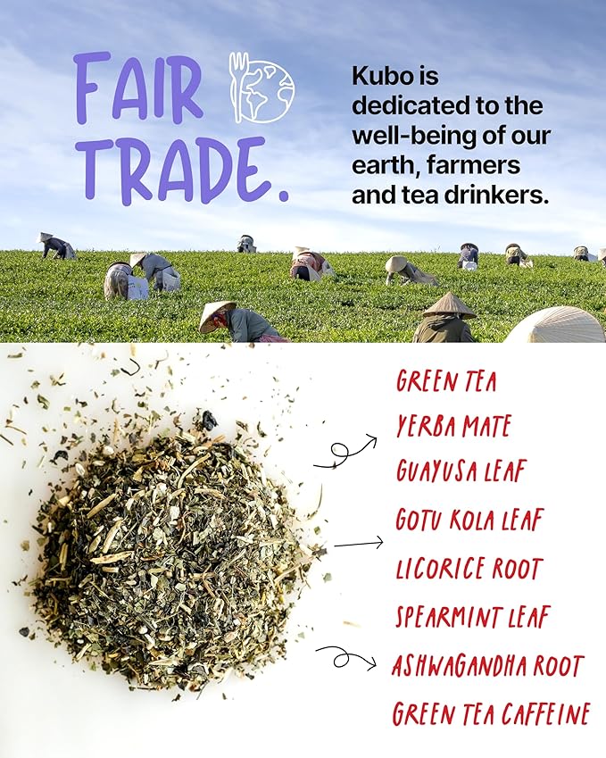 Kubo Tea Energize Yerba Mate Green Tea - Organic High Caffeine Energy Blend - 20 Pyramid Tea Bags (140mg Caffeine each) - Healthy Sugar Free Coffee Substitute for Hot and Iced Drinks - Biodegradable - Bloomnest