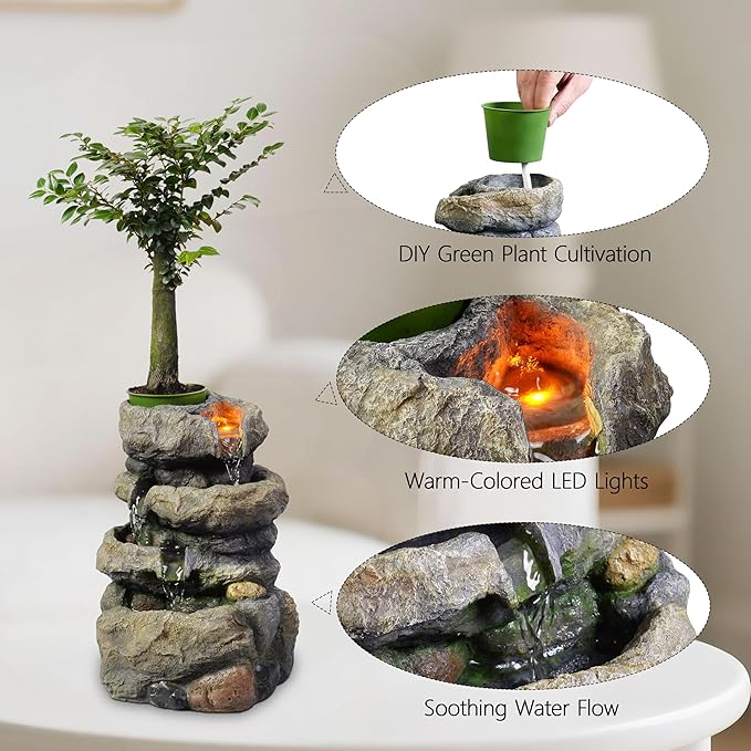 Kalona Tabletop Waterfall Fountain Rockery Fountains Soothing Sound Tabletop Fountains Home/Office Decor with a Small Plastic Pot to Grow The Plant by Yourself(Automatic Watering)(22020) - Bloomnest