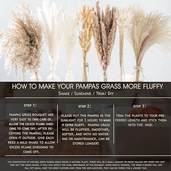 130PCS Natural Dried Pampas Grass Boho Home Decor Bouquet Phragmites Dried Flowers Bouquet for Wedding Floral Arrangements Home Decorations (130PCS) - Bloomnest