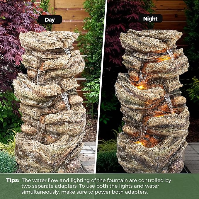 32" High Outdoor Water Fountain, 5-Tiers Cascading Rock Waterfall with LED Lights for Garden, Patio, Yard Decor, Soothing Tranquility for Any Outdoor Living Space - Bloomnest