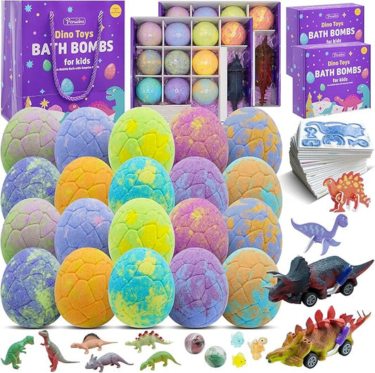 Bath Bombs for Kids with Surprise Toys Inside - 20 Dinosaur Bath Bombs Easter Eggs Gifts, Bubble Bath Fizzers, Kids Bubble Bath with 24pcs Dinosaur Puzzles and 2pcs Car, Boys Easter Basket Stuffers - Bloomnest