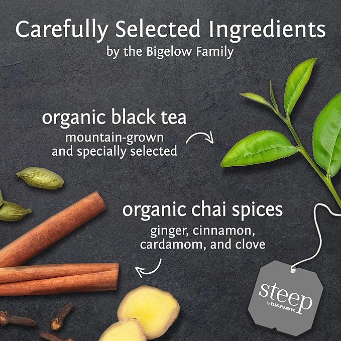 steep by Bigelow Organic Chai Black Tea, Caffeinated, 20 Count (Pack of 6), 120 Tea Total Bags - Bloomnest