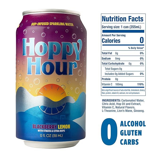 Hoppy Hour Sparkling Hop Water, Non-Alcoholic and Adaptogens Drink, Zero Sugar and Calories, Refreshing Blackberry Lemon Flavor, 12 oz Cans (12-Pack) - Bloomnest