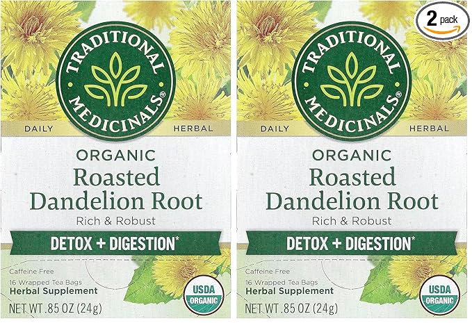Traditional Medicinals Organic, Roasted, Dandelion Root Tea - Supports Normal Detox + Digestion - Kosher, Non-GMO, Caffeine-Free, Compostable - 16 Tea Bags (Pack of 2) - Bloomnest