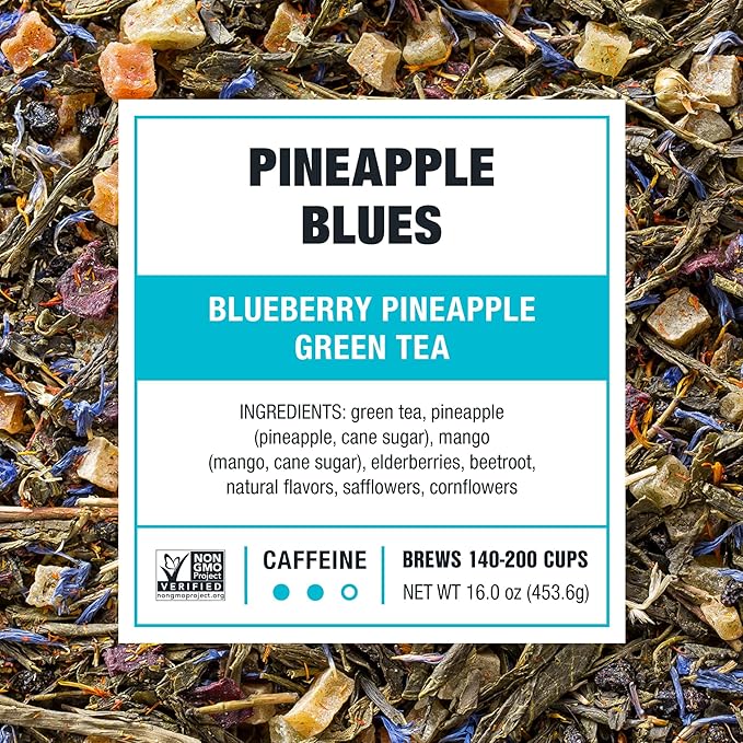 Tiesta Tea - Pineapple Blues, Loose Leaf, Blueberry Pineapple Green Tea, Premium Tropical Blend, Medium Caffeinated, Brews Up to 200 Cups, 16oz Resealable Bulk Pouch - Bloomnest