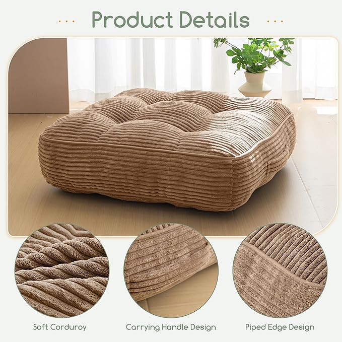 6" Washable Floor Pillow Cushion for Adults, Meditation Cushion Pillow, Large Square Floor Sitting, Removable Tufted Corduroy Cover, for Tatami Living Room or Yoga, 22x22 Inch, Machine Washable - Bloomnest