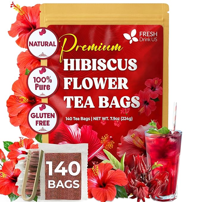 FreshDrinkUS, Premium 140 Hibiscus Flowers Tea Bags, 100% Natural, Handmade & Pure from Hibiscus Flowers. No Sugar/Caffeine/Gluten, Vegan. Tart & Refreshing, Hot or Ice Tea, Great For All Seasons - Bloomnest