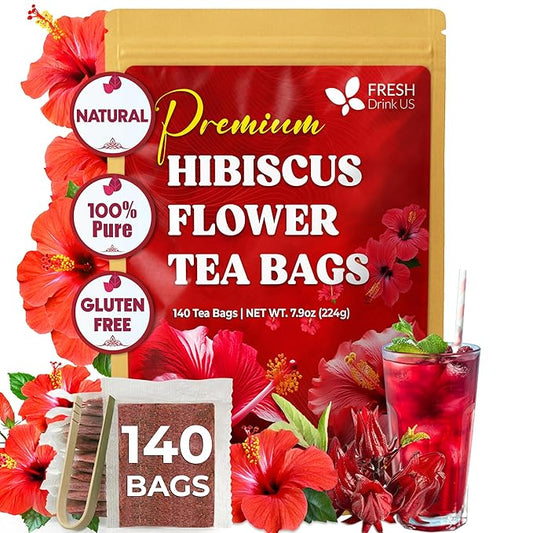 FreshDrinkUS, Premium 140 Hibiscus Flowers Tea Bags, 100% Natural, Handmade & Pure from Hibiscus Flowers. No Sugar/Caffeine/Gluten, Vegan. Tart & Refreshing, Hot or Ice Tea, Great For All Seasons - Bloomnest