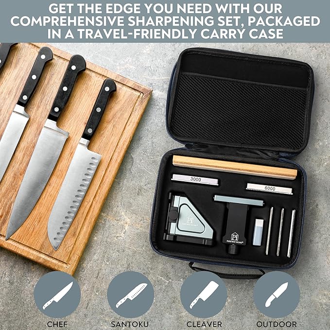 ORIGINAL ADJUSTABLE ROLLING KNIFE SHARPENER KIT: Adjustable Height, 30 Angle Options, 5 Removeable Whetstone Plates, Leather Strop with Travel Case - Kitchen Knife Sharpener - Bloomnest