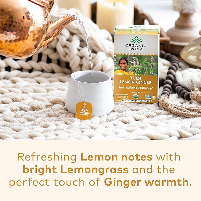 Organic India Tulsi Lemon Ginger Tea Bags - Herbal Tea, Stress Relieving & Reviving, Immune Support, Aids Digestion, Vegan, USDA Certified Organic, Non-GMO, Caffeine-Free - 18 Infusion Bags, 6 Pack - Bloomnest