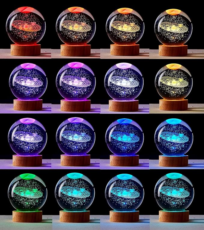 3.15 inch Solar System Crystal Ball lamp,3D K9 Crystal Ball Night Light with Wooden Base,16 Colors Change with Remote Control,Galaxy Light,Birthday Gift for Friends (Solar System) - Bloomnest