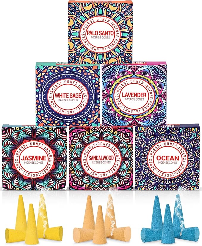 Incense Cones Set - Lavender, Jasmine, Sandalwood, Palo Santo, Rose, White Sage for Meditation & Yoga Pavocristatus