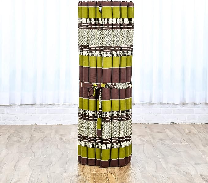 Leewadee - Kapok Roll Mat – Handcrafted Folding Sleep & Relaxation Mattress from Thailand, Ideal as Guest Bed, Camping Mat, Yoga Mat or Traditional Futon, 75 x 39 inches, Brown Green - Bloomnest