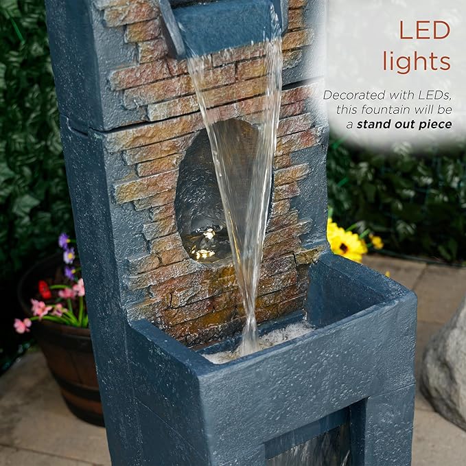 Alpine Corporation TZL398 40" Stone Wall Cascading Fountain with LED Lights, Elegant Outdoor Water Feature for Garden, Patio, Backyard & Home Decor, Relaxing Waterfall Fountain, Gray - Bloomnest
