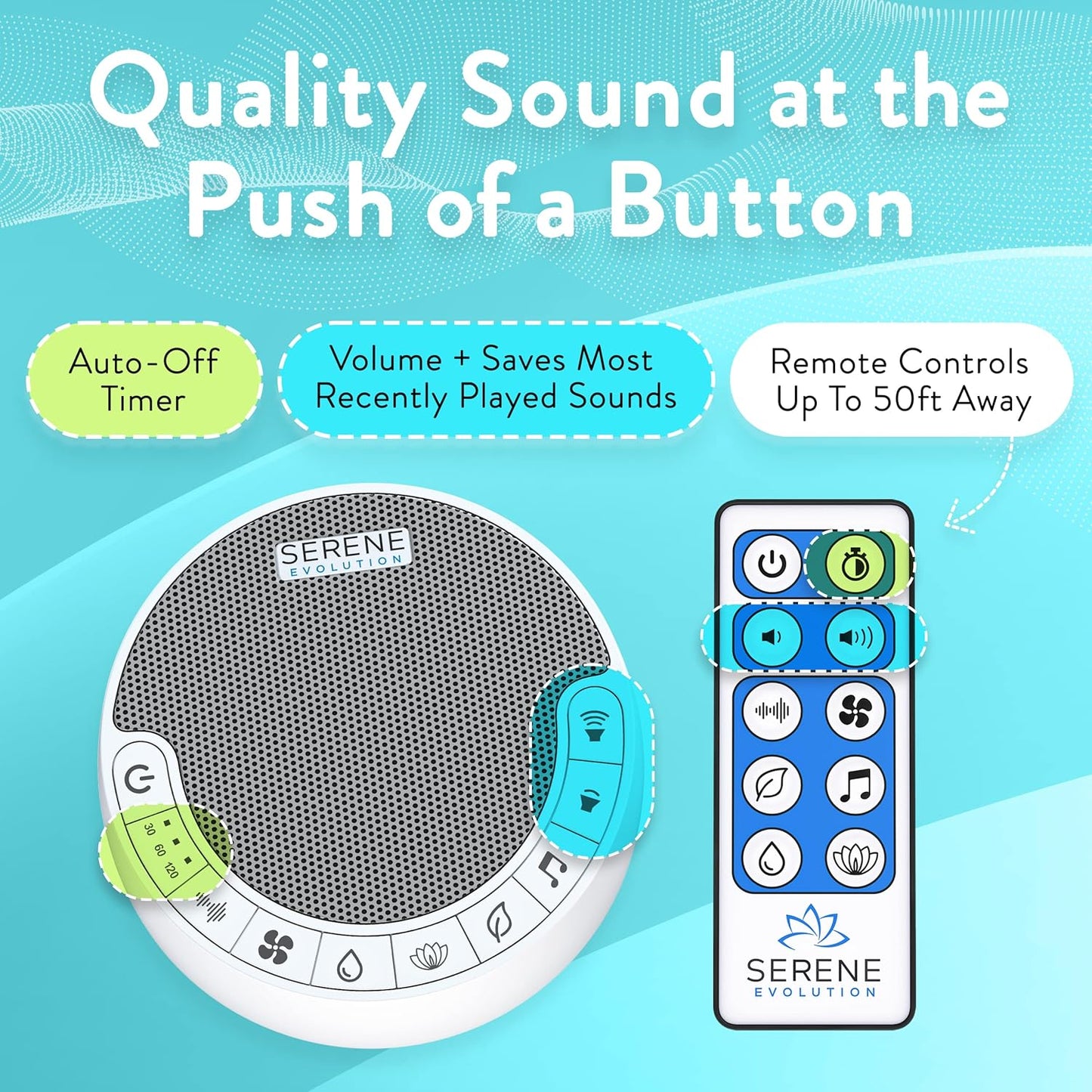 Serene Evolution White Noise Sound Machine with Remote Control - 70 Sound Options for Sleeping Adults and Babies - White Noise Machine for Office Privacy, Noise Canceling with Ocean and Rain Sounds